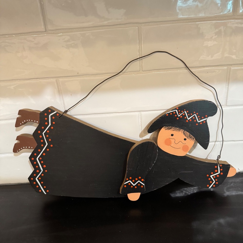 Handmade Flying Witch Wall Decor Small Black Orange Primitive Folk Art Wood Sign
